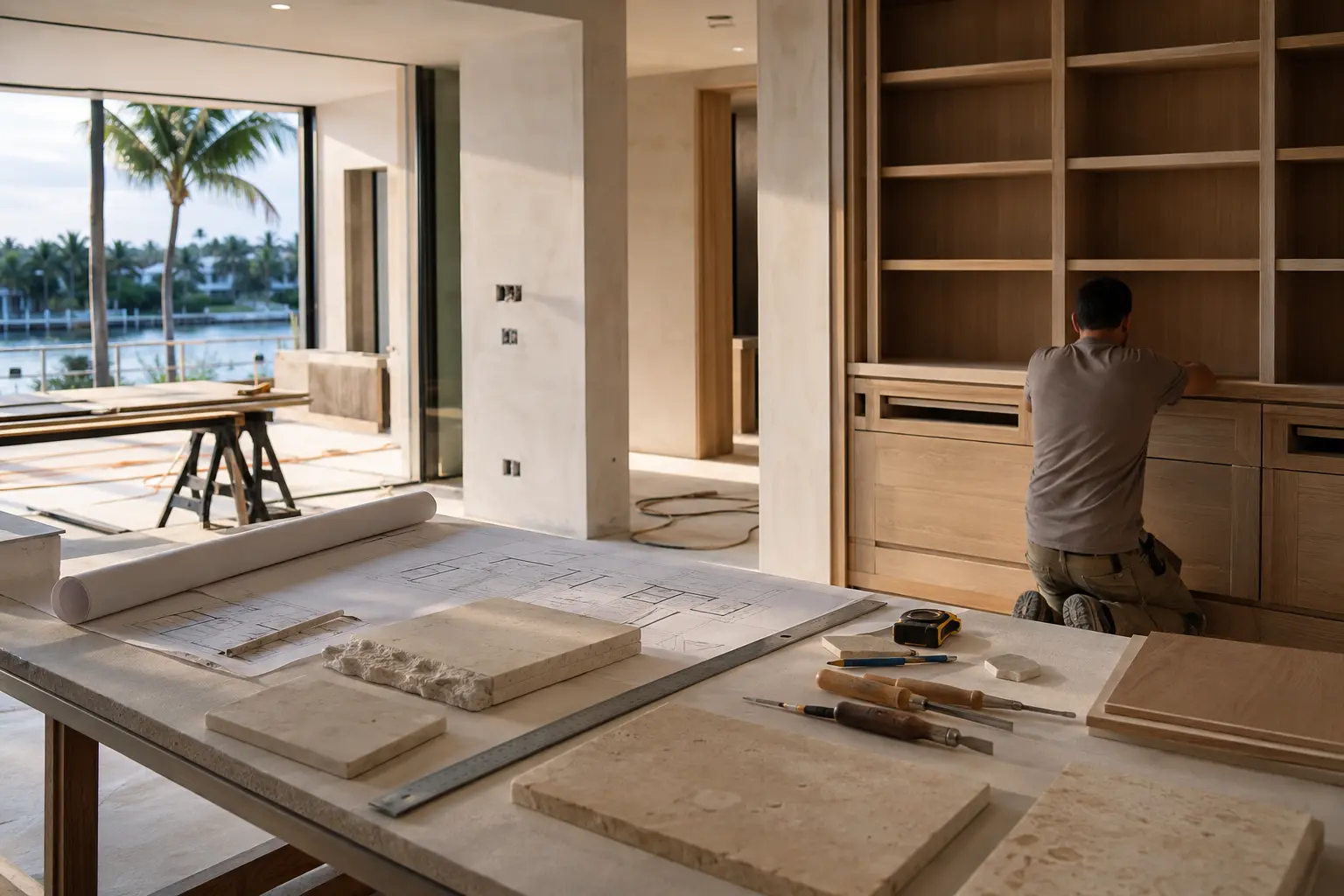 Original editorial scene of active renovation craftsmanship in Delray Beach