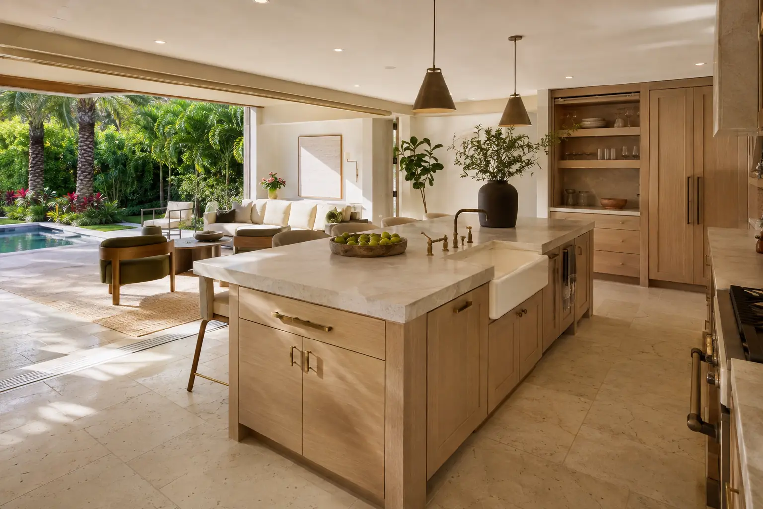 Completed coastal contemporary home renovation with custom kitchen and garden views