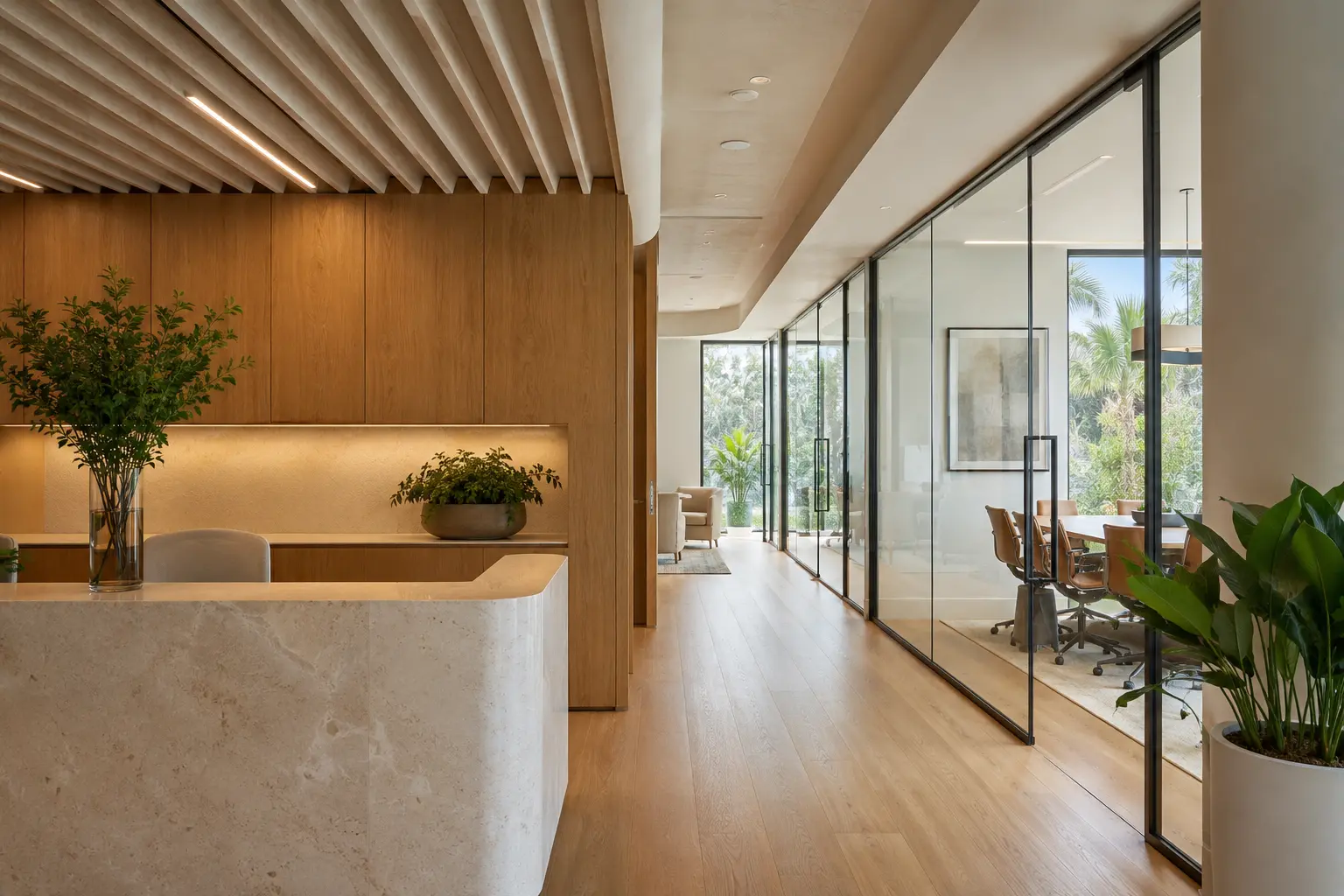 Warm modern office renovation with wood and glass details